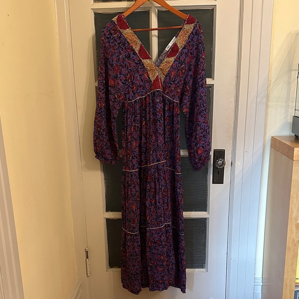 Zara Purple and Red Long Sleeve Dress with Embroidered Neckline
